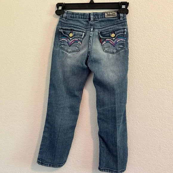 Levi's Blue Distressed Straight-Leg Jeans With Adjustable Waist and Embroidery. - Picture 9 of 13
